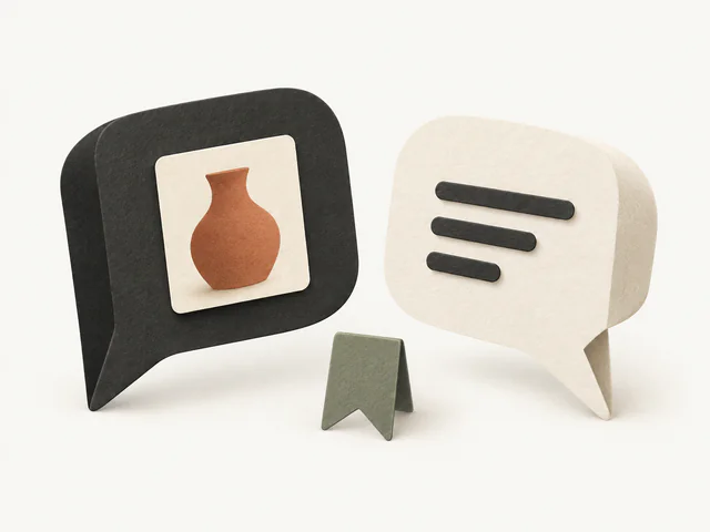Paper conversation shapes connecting a question about an artwork with a reply