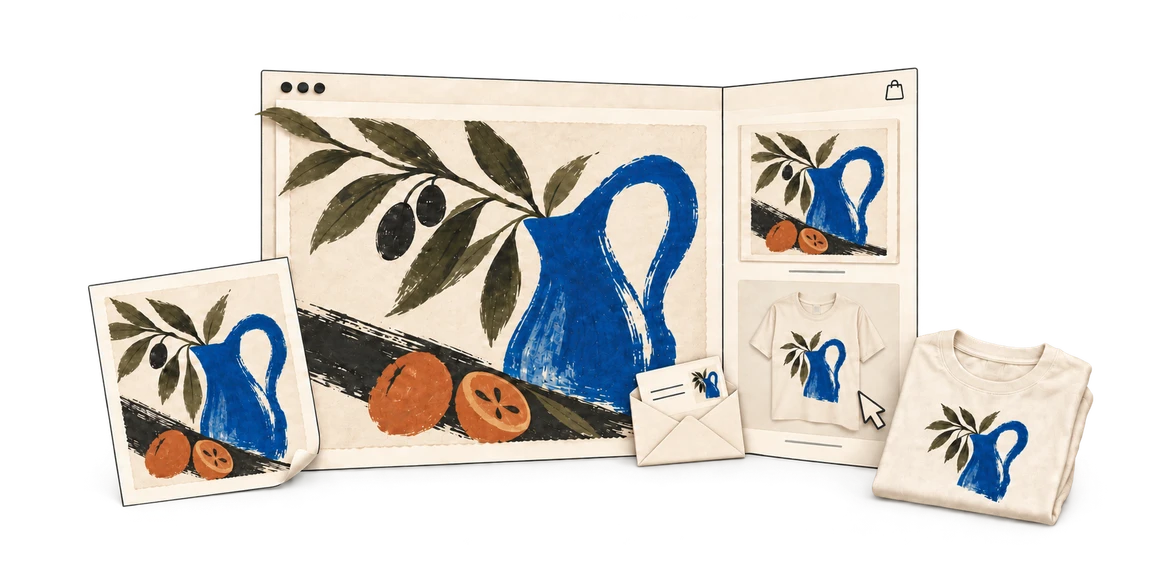 A folded paper artist website shows a blue pitcher painting, matching art prints and a T-shirt, with an enquiry envelope and a cursor pointing to a shop item.