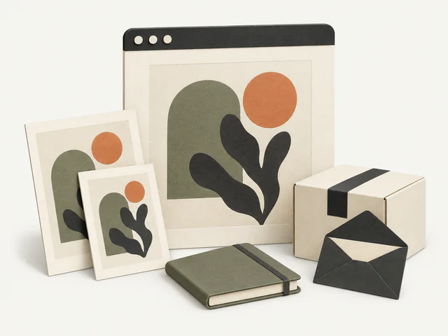 Paper illustration of an artist website, prints, a journal, and a parcel