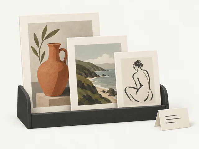 A portfolio rack with three distinct artworks and an information card