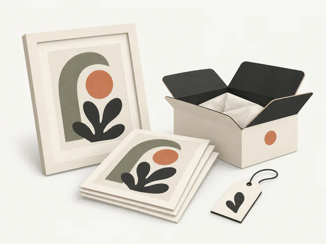 Paper illustration of art prints beside an open parcel and a tag