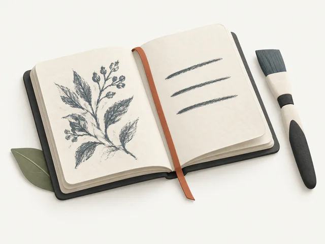 An open artist journal with a botanical drawing, notes, and a brush