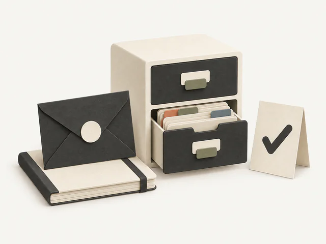 Paper illustration of organized order cards, an envelope, and a completion mark